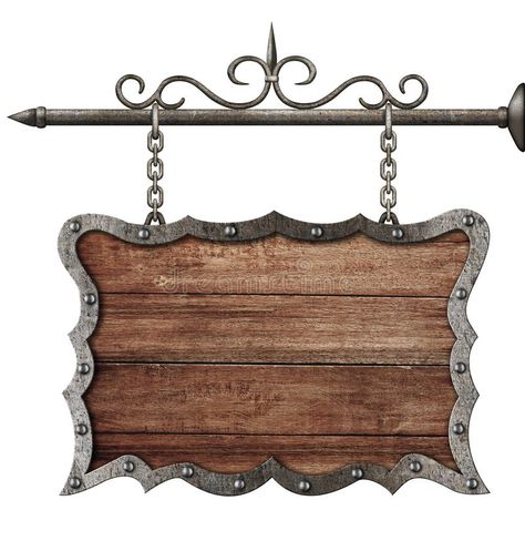 Photo about Medieval wooden sign board hanging on chains isolated on white. Image of plate, retro, panel - 38373331 Wooden Sign Board, Wrought Iron Garden Gates, Wooden Logo, Medieval Decor, Graphics Tees, Storefront Signs, Certificate Design Template, Powerpoint Design Templates, Borders Design