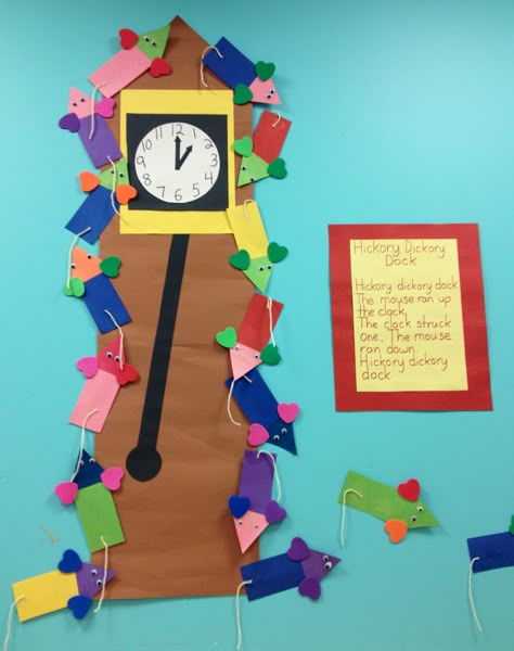 bulletin board idea: Hickory Dickory Dock (children create the mice) Nursery Rhyme Lessons, Nursery Rhymes Preschool Crafts, Nursery Ryhmes, Nursery Rhyme Art, Rhyming Preschool, Nursery Rhyme Crafts, Daycare Nursery, Nursery Rhymes Preschool, Nursery Rhyme Theme