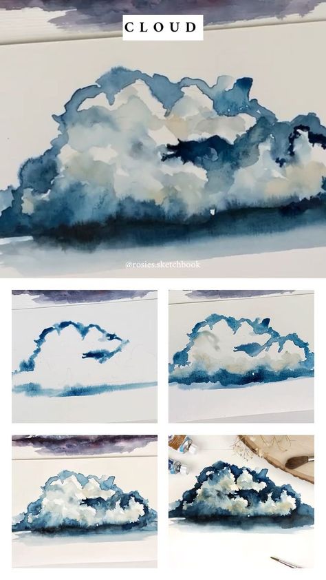 Rosa F (@rosies.sketchbook) • Instagram photos and videos -  Drawings I might do in the future Cloud Tutorial, Tutorial Painting, Watercolor Clouds, Mini Tutorial, Watercolor Art Paintings, Watercolor Paintings Tutorials, Cloud Painting, Art Instructions, Painting Videos