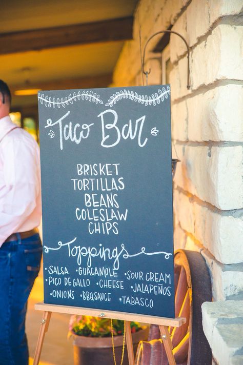 Wedding menu. Taco bar. Walking Taco Bar For Wedding, Taco Wedding Rehearsal Dinner, Wedding Rehearsal Taco Bar, Taco And Nacho Bar Ideas Wedding, Taco Bar Wedding Rehearsal Dinners, Wedding Food Taco Bar, Street Taco Bar Wedding, Taco Reception Wedding Ideas, Taco Bar At A Wedding