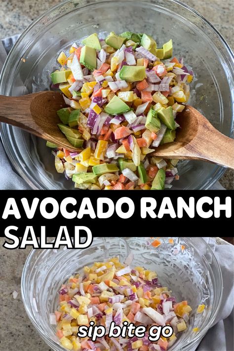 This simple avocado ranch salad recipe is packed with crunchy vegetables. Takes less than 10 minutes. It's a beautiful side dish for Summer. | sipbitego.com #sipbitego #dinner #salad #makeahead #potluck #sidedish #familymeal #recipe #partyfood #sidedish #vegetables #vegetarian Avocado Ranch Salad, Ranch Salad Recipes, Avocado Ranch Dressing Recipe, Salad Recipes Gluten Free, Crunchy Vegetables, Salad Kit, Make Ahead Salads, Salads For A Crowd, Vegetable Salad Recipes