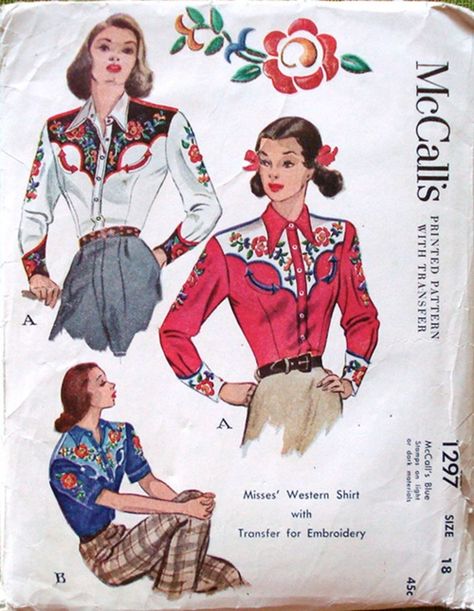 McCall 1297 Misses' Western Shirt with Transfer for Embroidery. Decades of Style reproduced this pattern originally released in the 1940's. Bought it! Western Shorts, Cowgirl Vintage, Western Patterns, Vintage Western Wear, Western Blouse, Sewing Vintage, Patron Vintage, Western Style Shirt, Shirt Sewing Pattern