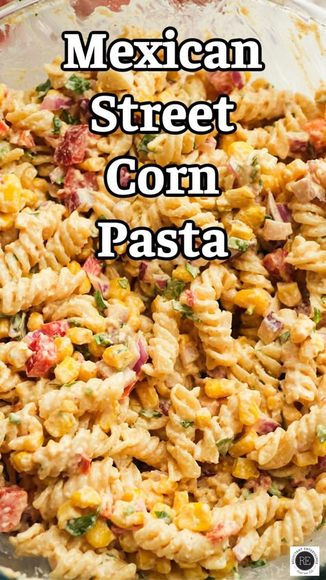 Loaded with all your favorite flavors and a punch of spice, this Mexican Street Corn Pasta is super easy to make and is delicious! Things To Make With Corn, Christmas Tacos, Pomegranate Desserts, Mexican Pasta Recipes, Corn Poblano, Bbq Dinners, Creamy Cilantro Sauce, Mexican Street Corn Pasta Salad, Mexican Street Corn Pasta