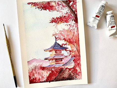 Daisy Abena 🌙✨ on Instagram: “Japan one of my favourite places, it inspires me so much. The architecture is so beautiful.⁣ ⁣ -⁣ Painting inspired by a picture from…” Architecture Watercolor, Watercolor Rendering, Japan Watercolor, Posca Marker, Watercolor Architecture, Posca Art, Watercolor Projects, Gouache Art, Watercolor Paintings Easy