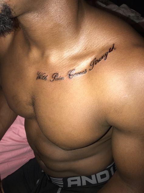 2006 Leg Tattoo, Cursive Chest Tattoo Men, Chest Word Tattoos For Men, Chest And Neck Tattoos Men, Tattoo Ideas For Men Meaningful Chest, Collar Bone Tattoo For Men Ideas, Men’s Word Chest Tattoo, Men Collarbone Tattoo, Back Of Tricep Tattoo