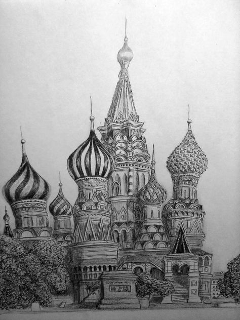 Architecture Sketch Simple Building, Moscow Drawing, Russia Drawing, Empire Architecture, Black Pen Drawing, Interior Design Sketchbook, Castle Drawing, St Basil's, Architecture Sketchbook