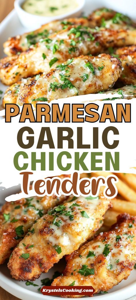 Baked Crispy Garlic Parmesan Chicken Tenders – These flavorful chicken tenders are perfect for quick dinner ideas! Using chicken breast, this recipe delivers crispy, golden bites that are easy to make and packed with savory garlic parmesan goodness. Garlic Parmesan Chicken Tenders Baked, Chicken Tender Lunch Ideas, Crispy Garlic Parmesan Chicken Tenders, Buttery Garlic Parmesan Chicken, Recipe For Chicken Tenders Oven Baked, Chicken Tender Ideas For Dinner, Chicken Tender Dinner Ideas Healthy, Chicken Tenders Parmesan Recipe, Healthy Breaded Chicken Tenders