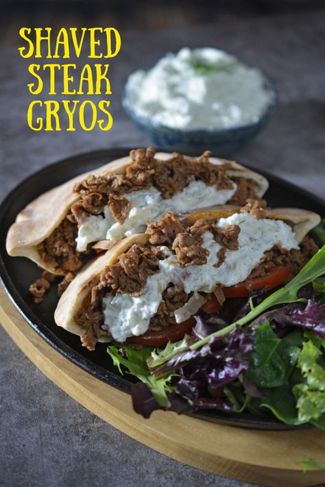 Gyro Recipe Beef, Sliced Steak Recipes, Steak Gyros, Shaved Steak Recipe, Shaved Beef Recipe, Gyros With Tzatziki Sauce, Gyro Meat Recipe, Shaved Beef, Shaved Steak