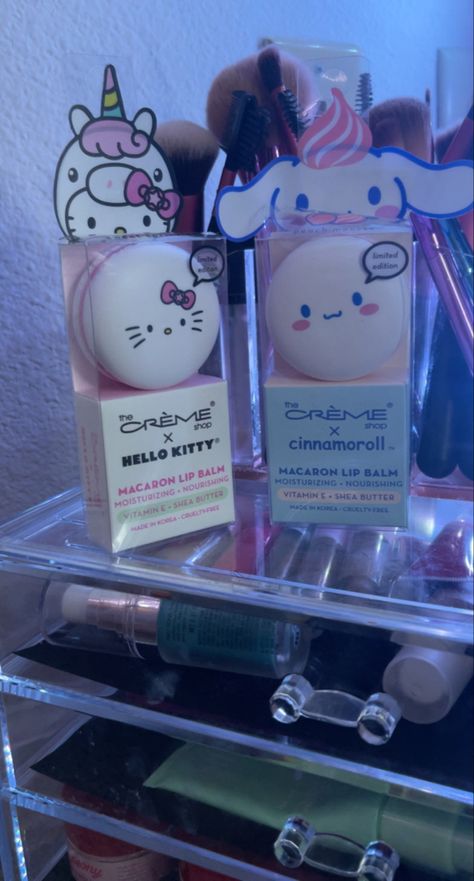 The Creme shop sanrio macaron lip balms Creme Shop, The Creme Shop, The Creme Shop Makeup, Sanrio Products, Creme X Sanrio, Sanrio Skincare, The Creme Shop Sanrio, The Crème Shop X Hello Kitty, Macaroon Lip Balm