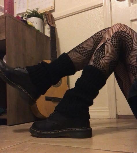 Docs And Leg Warmers Outfit, Fishnets And Leg Warmers, Dr Martens With Leg Warmers, Black Leg Warmers Aesthetic, Dr Martens Leg Warmers, Leg Warmers Over Boots, Leg Warmers With Doc Martens, Alt Leg Warmers, Ankle Warmers Outfit