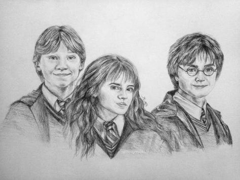 ron-weasley-hermione-granger-harry-potter-doodles-black-white-pencil-portrait-drawings Harry Potter Trio Drawing, Golden Trio Drawing, Luna Lovegood Drawing, Trio Drawing, Harry Potter Drawings Easy, Pencil Drawings Of Nature, Harry Potter Sketch, Harry Potter Art Drawings, Ronald Weasley