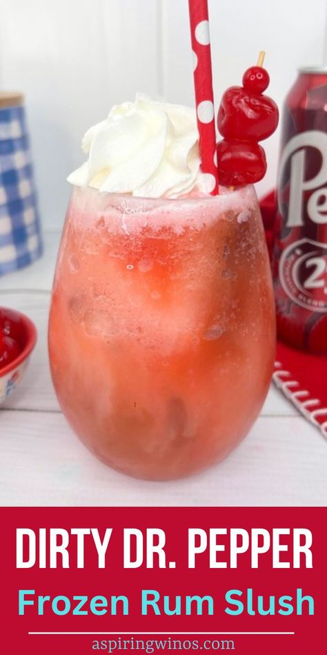 Dirty Dr. Pepper Frozen Rum Slush | Dr. Pepper Drink Recipes | Rum Infused Cocktails | Summer Patio Drink Ideas | Rum Slushies | Rum and Cherry Liqueur Cocktail Idea #RumRecipes #DrPepper #DirtyDrPepper #FrozenRumSlush #SummerDrinkRecipe Whiskey Frozen Drinks, Alcohol Slushies Recipes, Dr Pepper And Malibu Rum, Alcholic Slushies Recipes, Alcohol Slush Recipes, Rum Slushies, Easy Drinks Alcohol Recipes, Drink Ideas Alcoholic, Dr Pepper Drink