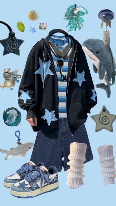 Check out iloveeSharkss's Shuffles #outfitinspo #oceanboy #sharkboy #myfirstshuffle #shark #outfit #blue #star #jellyfish Shark Clothes, Silly Clothes, Cooler Style, Funky Outfits, Neue Outfits, Swaggy Outfits, A Collage, 가을 패션, Really Cute Outfits