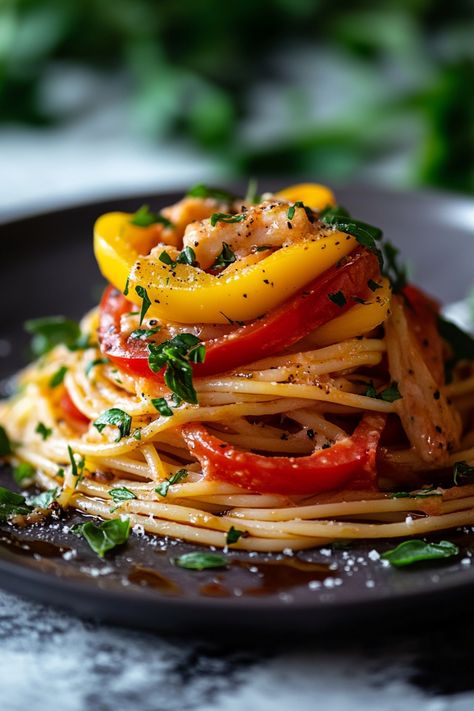 Spaghetti topped with colorful bell peppers and fresh herbs on a dark plate. Spaghetti Meals, Spaghetti Primavera, Traditional Bolognese, Spaghetti All Amatriciana, Spaghetti Dishes, Spaghetti Al Pomodoro, Creamy Carbonara, Shrimp Spaghetti, Delicious Spaghetti