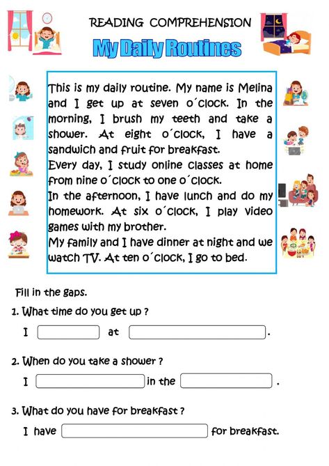 English Reading For Beginners, Esl Worksheets For Beginners, Daily Routine Worksheet, Daily Routine Activities, Reading Routine, Reading Comprehension For Kids, Reading For Beginners, English For Beginners, Learn Japanese Words