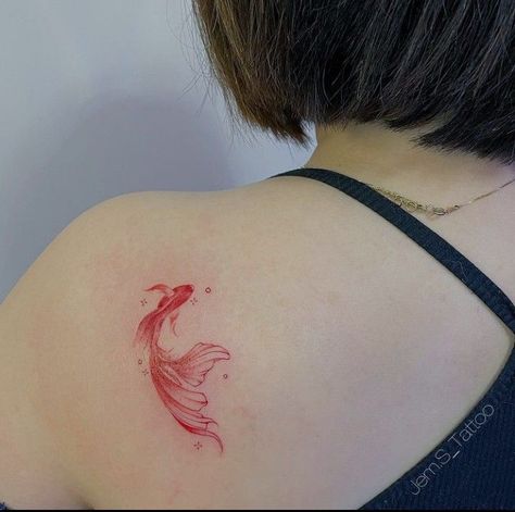 Koi Red Tattoo, Small Goldfish Tattoo, Golden Fish Tattoo, Red Koi Fish Tattoo, Koi Fish Tattoo Ideas, Fish Tattoo Ideas, Coy Fish Tattoos, Goldfish Tattoo, Abstract Tattoo Ideas