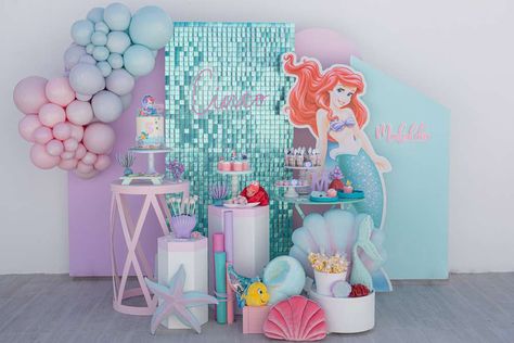 Mafalda's Little Mermaid Birthday Party | CatchMyParty.com Ariel Birthday Party Ideas, Little Mermaid Decorations, Ariel Birthday Party, Ariel Party, Mermaid Birthday Party Decorations, Mermaid Theme Birthday Party, Ariel Birthday, 2nd Birthday Party Themes, Mermaid Birthday Invitations