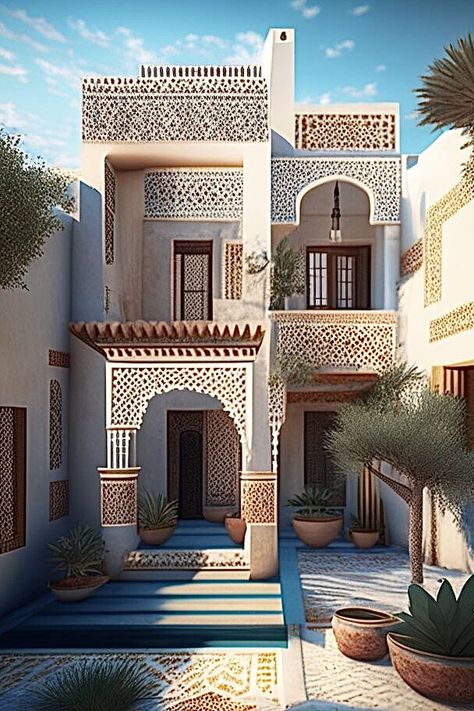 Small Moroccan House, Arabic House Design Exterior, Islamic House Design, Moroccan House Exterior, Islamic Architecture House, Uae Fashion, Santorini House, Moroccan Houses, Coastal Architecture