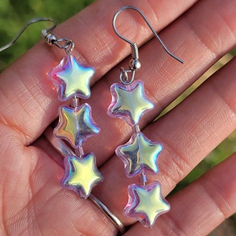 Y2k 1990s Vintage Holographic Iridescent Transparent Purple Stars Dangling Earrings So Beautiful! A Stack Of Three Iridescent Holographic Purple Hued Plastic Stars With One Bead Between The Top And Bottom Two. Fun, Y2k 90s Vintage! French Wire Hooks. No Precious Metals. Never Worn. Tags: Native American, Southwestern, Western, Jewelry, Ranch Girl, Vintage, Tribal, Aztec, Hippie, Boho, Bohemian, Gypsy, Moon Child, Desert, Country Girl, Cowgirl, Cowboy Farm Girl, Horse Lover, Turquoise Rodeo Queen Kawaii Accessories Jewelry, Funky Earrings Vintage, Holographic Keychain, Ranch Girl, Rave Jewelry, Cottagecore Kawaii, Purple Stars, Holographic Iridescent, Girl Horse