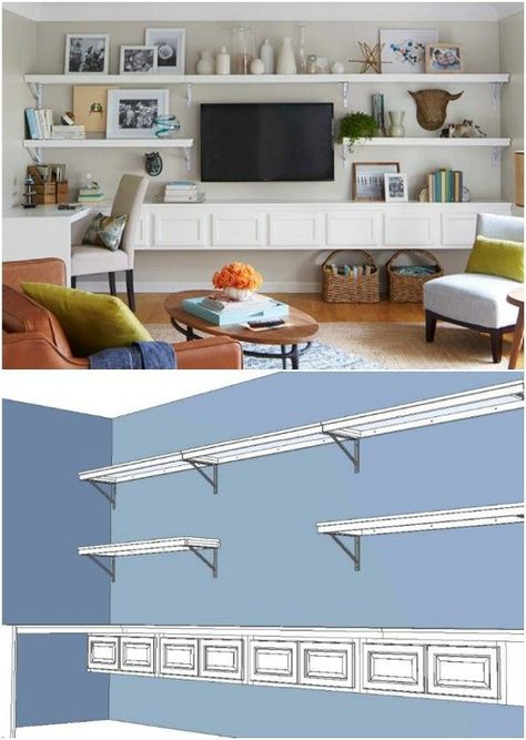 Build Minimalist Shelving Around Your Wall-Mounted TV. #tvwallmountideaslivingrooms Tv Shelving, Minimalist Shelving, Shelves Around Tv, Wall Mount Entertainment Center, Wall Entertainment Center, Swivel Tv Stand, Modern Floating Shelves, Minimalist Shelves, Swivel Tv