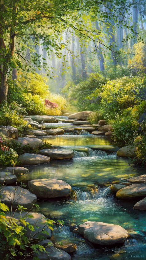 Immerse yourself in a tranquil woodland scene with our 'Enchanted Forest Stream' wallpaper. Experience the serene flow of crystal-clear water over smooth stones, enveloped by vibrant greenery and dappled sunlight. This artful blend of Impressionism and Romanticism captures nature's beauty and mysteries, inviting you to explore this serene oasis. Perfect for nature lovers and those seeking peaceful decor. Stream Wallpaper, Peaceful Decor, Forest Stream, Dappled Sunlight, Woodland Scene, Crystal Clear Water, Enchanted Forest, Nature Lovers, Nature Beauty