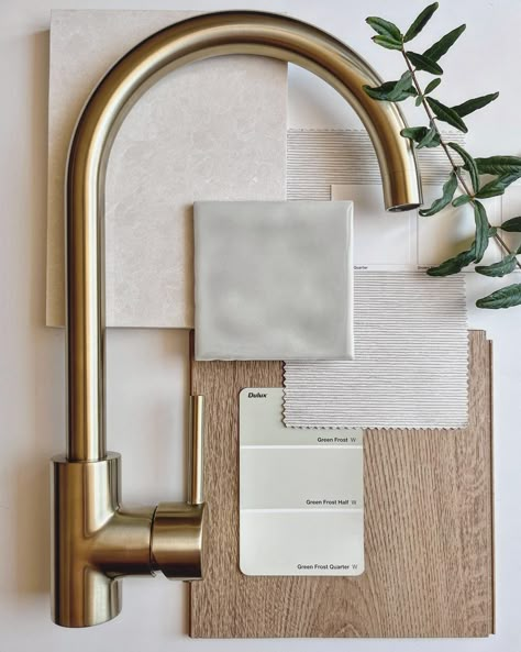 Bathroom Material Palette, Bathroom Wallpaper Ideas, Nickel Faucet, Materials Board Interior Design, Kitchen 2024, Brushed Nickel Faucet, Kitchen Mood Board, Soft Palette, Interior Design Boards