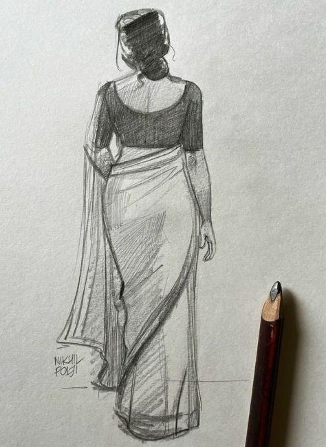 Human Figure Sketches Indian, Easy Human Figure Drawing, Human Figure Sketches Pose Reference, Easy Human Sketches, Saree Pencil Sketch, Postures Drawing, Easy Figure Drawing, India Doodle, Saree Drawing