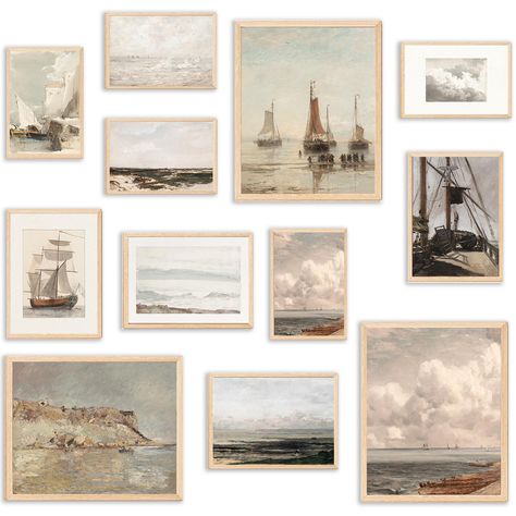 PRICES MAY VARY. 【Size】3 wall prints in 8x10 Inch/4 wall prints in 5x7inch/5 wall prints in 4x6inch - total 12 Pieces in different size. Please measure your wall before purchase to make sure you pick the right size. 【Vintage Nautical Gallery Wall Print】This seaside wall art prints set is a curated neutral collection of nautical paintings, coastal and seascapes, designed to immerse you in the evocative atmosphere of french coastal decor. Perfect beach scene wall art and seascape art prints for ne Nautical Vintage, Landscape Art Prints, Wall Art Neutral, Wall Decor Vintage, Coastal Wall Art, Vintage Wall Decor, Decor Vintage, Canvas Paintings, Vintage Wall