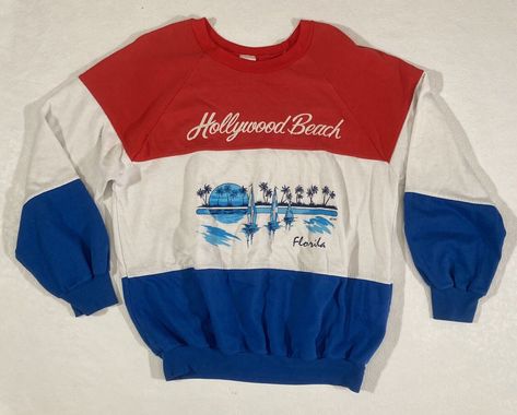 Measurements: Bottom of Collar Center Back Length - 24.5" Pit to Pit - 23" Sleeve Length - 18.5" 80s Beach Fashion, Vintage Clothes Aesthetic, 80s Items, Hollywood Beach Florida, 80s Beach, Red Guy, Hollywood Beach, Usa Sweatshirt, Olsen Twins