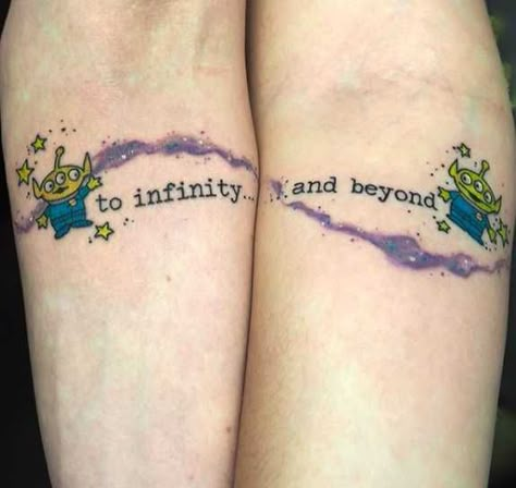 Infinity And Beyond Tattoo Couple, To Infinity And Beyond Tattoo, Infinity And Beyond Tattoo, Beyond Tattoo, Best Friend Tats, Matching Disney Tattoos, Mother Son Tattoo, Disney Couple Tattoos, Friend Tats