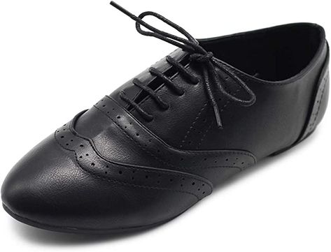 Amazon.com | Ollio Women's Shoe Classic Lace Up Dress Low Flat Heel Oxford M1914(10 B(M) US, Black-Black) | Oxfords Flat Heels, Wingtip Shoes, Lace Up Dress, Shoes Classic, Black Oxfords, Oxford Heels, Casual Flat Shoes, Cheap Shoes, Classic Dress