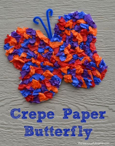 This crepe paper butterfly craft is a great spring and summertime craft for kids. Paper Butterfly Crafts, Crepe Paper Crafts, Summertime Crafts, Tissue Paper Crafts, Butterfly Craft, Crumpled Paper, Butterfly Kids, Summer Crafts For Kids, Spring Crafts For Kids