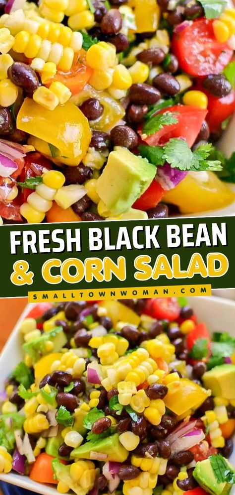 Learn how to make Black Bean and Corn Salad! This Fresh Black Bean and Corn Salad recipe features black beans, sweet corn, tomatoes, avocado, red onion, and minced jalapenos in a light lime vinaigrette. Served as a side with tex-mex-inspired dishes like tacos and nachos, and pin it in your 4th of July food! Fresh Corn Recipes, Black Bean And Corn Salad, Bean And Corn Salad, Black Bean Corn Salad, Lime Marinade, Corn Salad Recipe, Black Bean And Corn, Cookout Side Dishes, Corn Salad Recipes