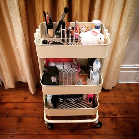 Makeup Dorm Organization, Makeup Cart, Vanity Makeup, The Home Edit, Rolling Cart, Dream Apartment, College Dorm Rooms, College Dorm, Aesthetic Room Decor