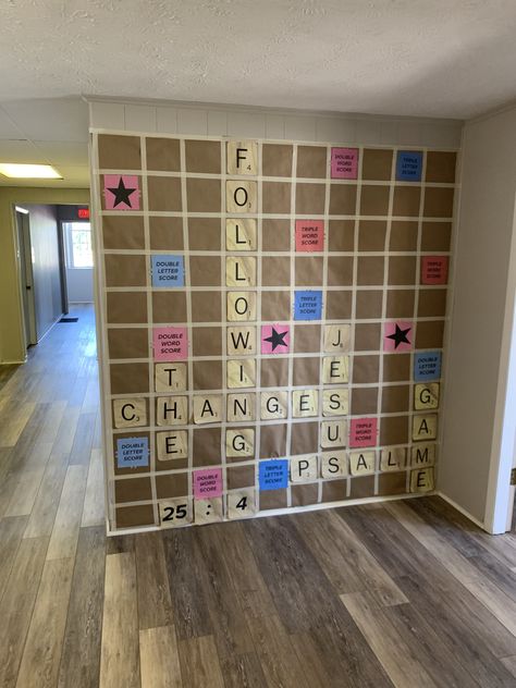 Scrabble Door Classroom, Trouble Game Decorations, Scrabble Party Decorations, Scrabble Themed Party, Board Game Homecoming Theme, Game Of Life Decorations, Board Game Vbs Decorations, Board Game Decorations, Bible Merch