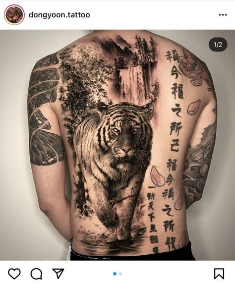 Tiger Tattoo Back, Tiger Back Tattoo, Samurai Back Tattoo, Tigre Y Dragon, Tiger Face Tattoo, Kali Tattoo, Tattoo Font For Men, Piece Tattoo, Full Tattoo