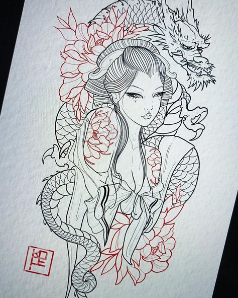 KOPE ink on Instagram: “Another custom design! Direct message me your ideas to get your own custom design drawn up ☺️🙌🏻 . . . . . #ink #inked #tattoo #tattoodesign…” Tattoo Drawing Tutorial, Tato Joker, Japanese Geisha Tattoo, Geisha Tattoos, Samurai Drawing, Geisha Tattoo Design, Chris Garver, Catrina Tattoo, Geisha Tattoo