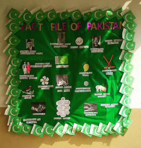 Fact file of Pakistan Culture Day At School Ideas Pakistan, Pakistan Day Decoration Ideas, Pakistan Independence Day Decoration, Notice Board Decoration, Pakistan Resolution Day, Soft Board Decoration, Pakistan Pictures, Creative Writing Worksheets, Morning Assembly