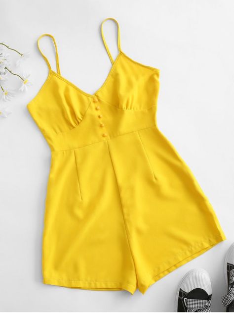 [62% OFF] 2020 Buttons Cami Romper In YELLOW | ZAFUL Yellow Romper, Cami Romper, Cute Rompers, Outfits Fall, Mini Dress Casual, Girls Fashion Clothes, Short Pajama Set, Fall Fashion Outfits, Long Sleeve Romper