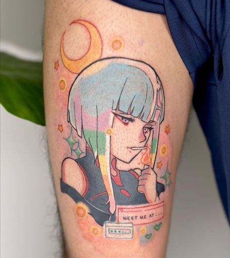 Sucker Punch Tattoo, Manga Style Tattoo, Anime Thigh Tattoo, Cyberpunk Anime Tattoo, Cyberpunk Edgerunners Tattoo, Cyberpunk 2077 Tattoo, Media Tattoo, Luv Tattoo, Cuber Punk