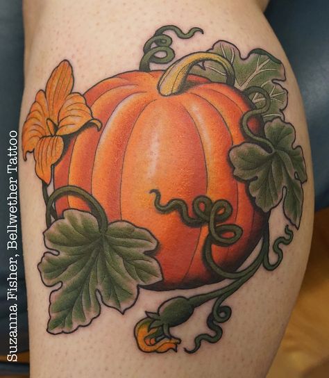 Pumpkin Pie Tattoo, Back Of The Thigh Tattoo, Autumn Tattoos, Pie Tattoo, Pumpkin Tattoos, Fall Tattoos, Fall Tattoo, Cute Halloween Tattoos, Witchy Tattoos