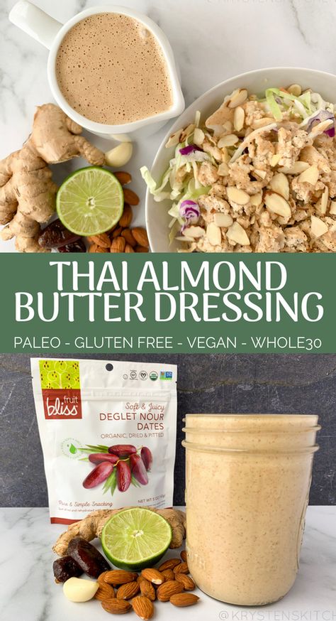 Thai Almond Butter Dressing (Vegan, Paleo, Whole30 & Gluten Free) Almond Butter Tahini Dressing, Almond Butter Salad Dressing, Almond Dressing, Gf Salads, Almond Butter Dressing, Whole 30 Salads, Paleo Dressing, Healthy Condiments, Vegan Dressings