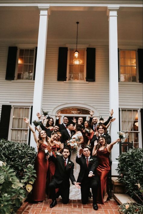 Fall Wedding With Black Suits, Wedding Party Rust Color, Rust Black Wedding, Burnt Orange Black And Cream Wedding, Black And Rust Groomsmen Attire, Rust Wedding Party Bridesmaid Dress, Rust And Black Wedding Party, Rust Bridesmaid Dress Black Groomsmen, Terracotta And Black Wedding Party