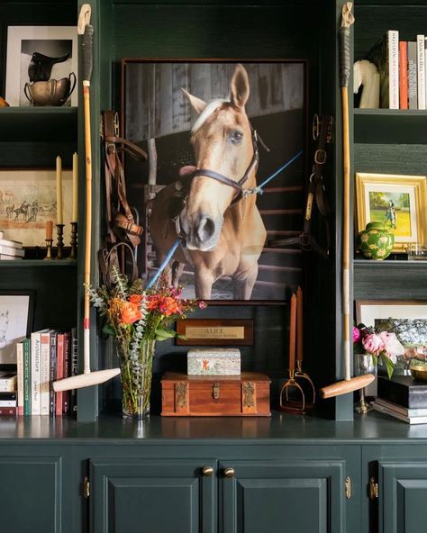 Equestrian Powder Room, Equestrian Office Decor, Modern Equestrian Decor, Academia Office Decor, Equestrian Nursery, Equestrian Office, Stable Office, Library Addition, Stable Interior