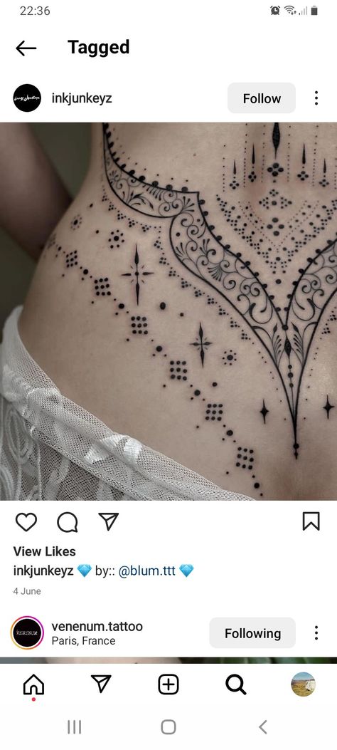 Feminine Viking Tattoo, Chest Neck Tattoo, Feminine Back Tattoos, Mandela Tattoo, Lower Stomach Tattoos, Bohemian Tattoo, Artsy Tattoos, Waist Tattoos, Tattoos To Cover Scars