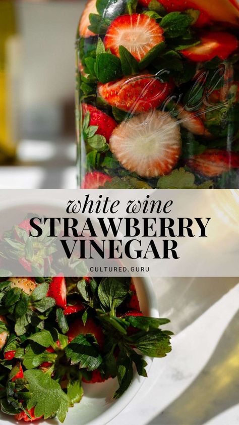 Savor the waste-free magical flavors of white wine strawberry vinegar! 🍓✨ This Strawberry Vinegar recipe transforms leftover strawberry tops and white wine into a delightfully sour vinegar perfect for dressings & marinades. #strawberry #vinegar #strawberrytops Ferment Vegetables, Fermented Foods For Gut Health, Strawberry Tops, Strawberry Vinegar, Leftover Strawberries, Vinegar Recipes, Foods For Gut Health, Meal Prep Lunches, Raw Apple Cider Vinegar