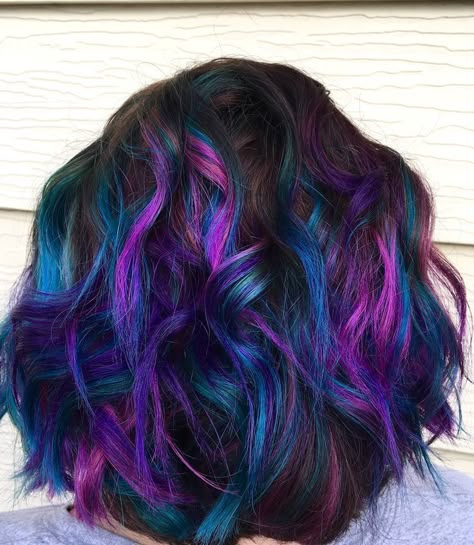 Teal Balayage, Peacock Hair Color, Blue Motivation, Midnight Hair, Blue Hairstyles, Peacock Hair, Galaxy Hair, Purple Highlights, Lilac Hair