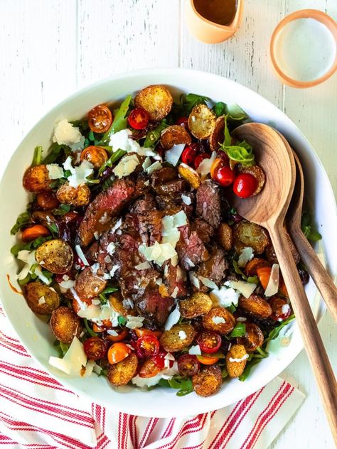 Crispy Potato & Balsamic Steak Salad with Creamy Boursin Dressing is the ultimate hearty, flavor-packed dinner salad recipe. Featuring tender marinated steak, crispy potatoes, and two delicious dressings, it’s a fuss-worthy recipe perfect for entertaining or date night!  #Recipe #Salad #SaladRecipes #Steak #Beef #DinnerSalads #Dinner #NeverNotHungry Steak Potato Salad, Winter Steak Salad, Bocconcini Salad, Balsamic Steak, Balsamic Marinade, Medium Rare Steak, Not Hungry, Steak Potatoes, Hanger Steak