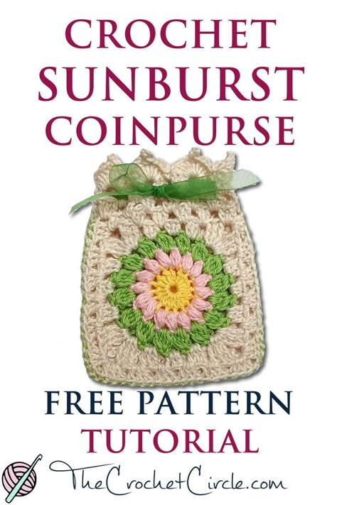 Link to a free pattern for a crochet sunburst granny square mini bag, coin purse. Single Color Granny Square, Granny Square Lace, Granny Square Sunburst, Granny Square Patterns Free, Granny Square Handbag, Crochet Gloves Free Pattern, Mini Drawstring Bag, Granny Square Purse, Granny Square Pattern Free