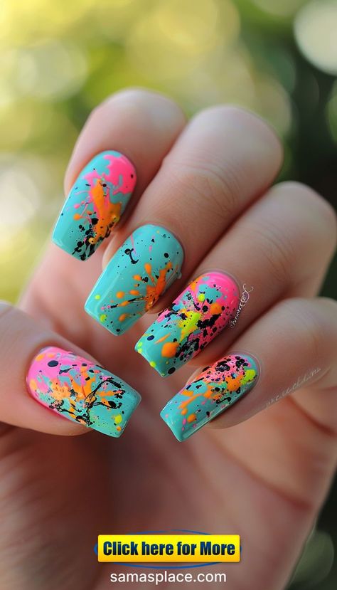 Neon teal and pink confetti nails bring a playful and vibrant touch to your summer style. The teal base is adorned with neon pink confetti designs, creating a look that is both fun and eye-catching. These nails are perfect for festivals, beach parties, or any occasion where you want to add a burst of color to your look. The confetti patterns are intricately detailed, creating a look that is both artistic and lively. Summer Teal Nails, Teal Nails Ideas, Teal Nail Ideas, Teal Nail Designs, Teal Nails, Ocean Inspiration, Summer Look, Nails Ideas, Nail Ideas